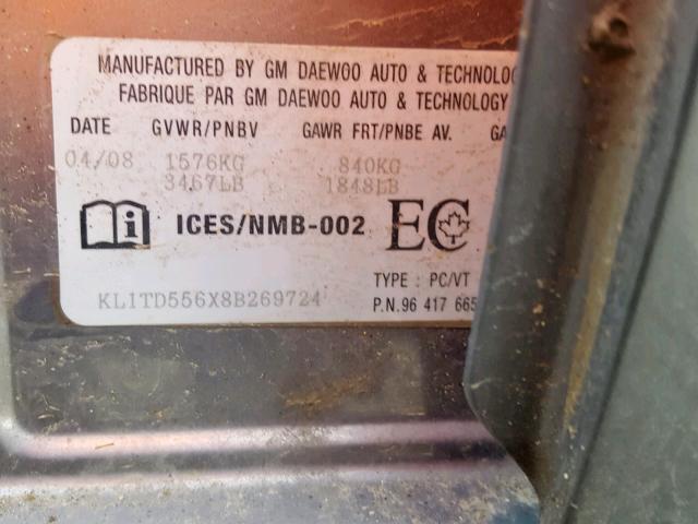 KL1TD556X8B269724 - 2008 CHEVROLET AVEO BASE ნაცრისფერი ფოტო 10