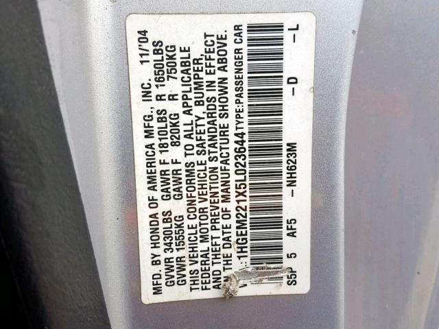 1HGEM221X5L023644 - 2005 HONDA CIVIC DX V SILVER photo 10