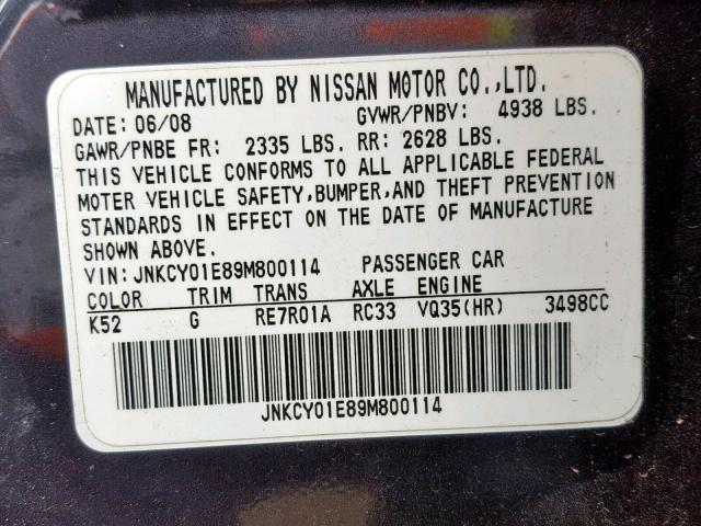 JNKCY01E89M800114 - 2009 INFINITI M35 BASE BLUE photo 10