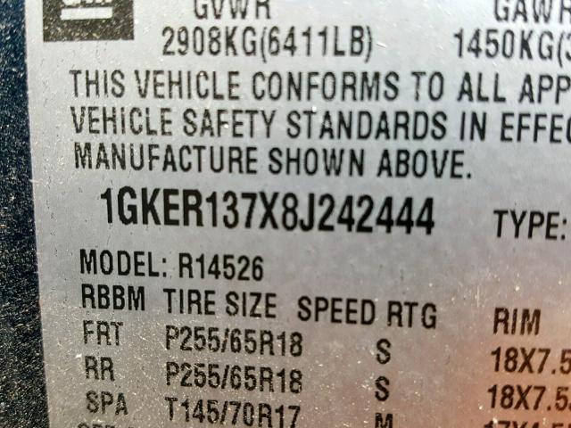 1GKER137X8J242444 - 2008 GMC ACADIA SLE BLUE photo 10