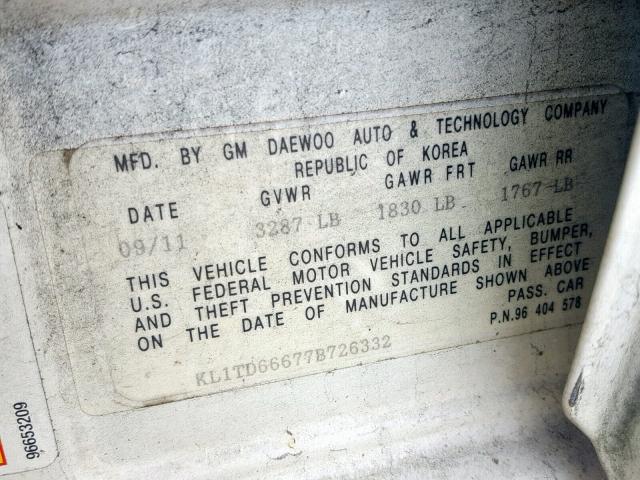 KL1TD66677B726332 - 2007 CHEVROLET AVEO BASE თეთრი ფოტო 10