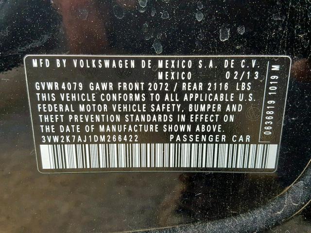 3VW2K7AJ1DM266422 - 2013 VOLKSWAGEN JETTA BASE Սև լուսանկար 10