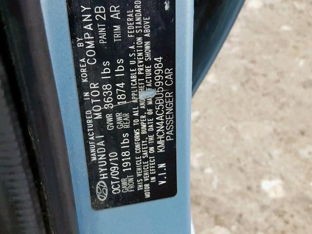 KMHCN4AC5BU599984 - 2011 HYUNDAI ACCENT GLS BLUE photo 10