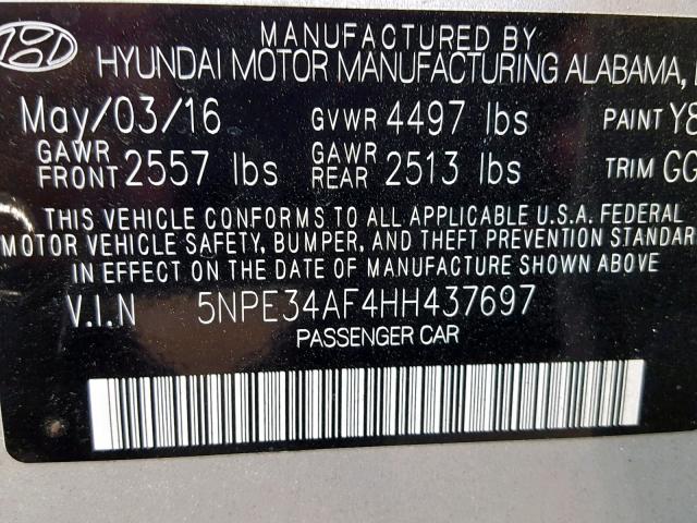 5NPE34AF4HH437697 - 2017 HYUNDAI SONATA SPO SILVER photo 10