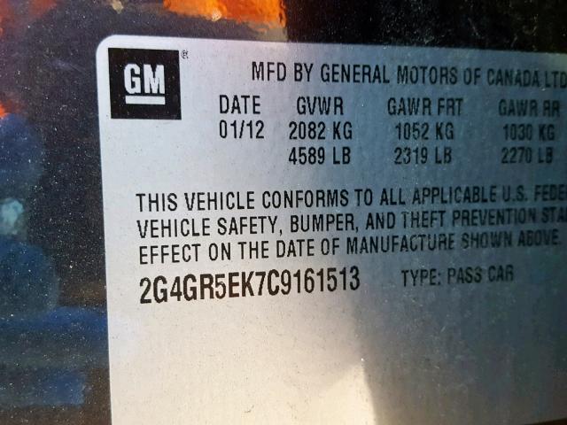 2G4GR5EK7C9161513 - 2012 BUICK REGAL GRAY photo 10