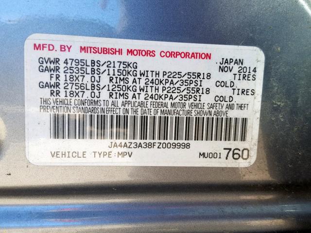 JA4AZ3A38FZ009998 - 2015 MITSUBISHI OUTLANDER GRAY photo 10