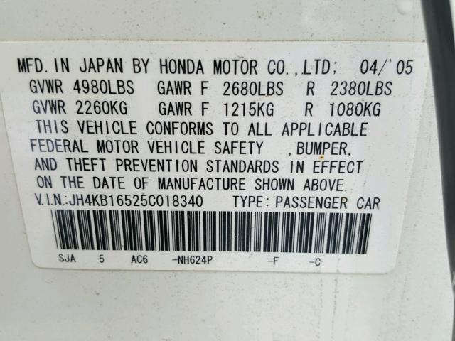 JH4KB16525C018340 - 2005 ACURA RL WHITE photo 10