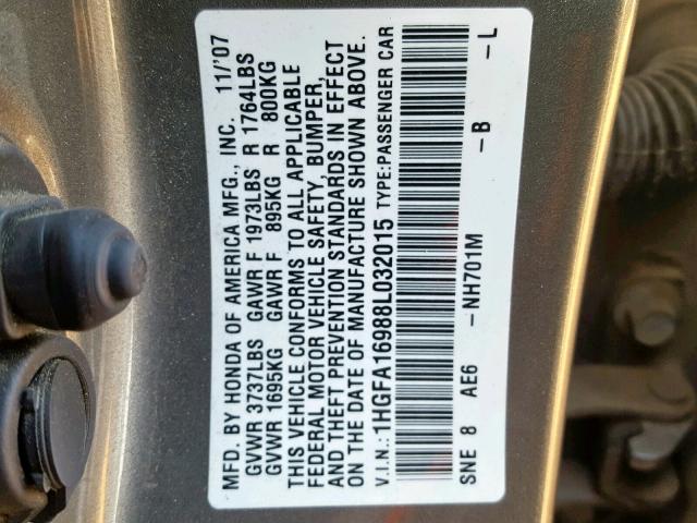 1HGFA16988L032015 - 2008 HONDA CIVIC EXL GRAY photo 10