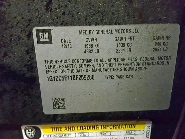 1G1ZC5E11BF259280 - 2011 CHEVROLET MALIBU 1LT BLACK photo 10