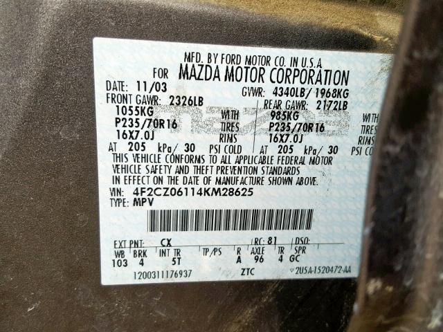 4F2CZ06114KM28625 - 2004 MAZDA TRIBUTE ES 石墨色 照片 10