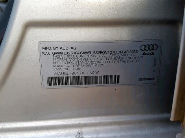 WAUGL78E47A106404 - 2007 AUDI NEW S4 QUA SILVER photo 10