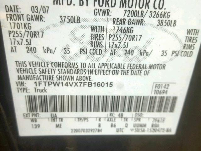 1FTPW14VX7FB16015 - 2007 FORD F150 SUPER BLACK photo 10