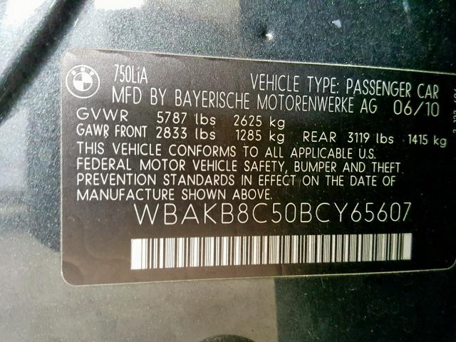 WBAKB8C50BCY65607 - 2011 BMW 750LI CHARCOAL photo 10