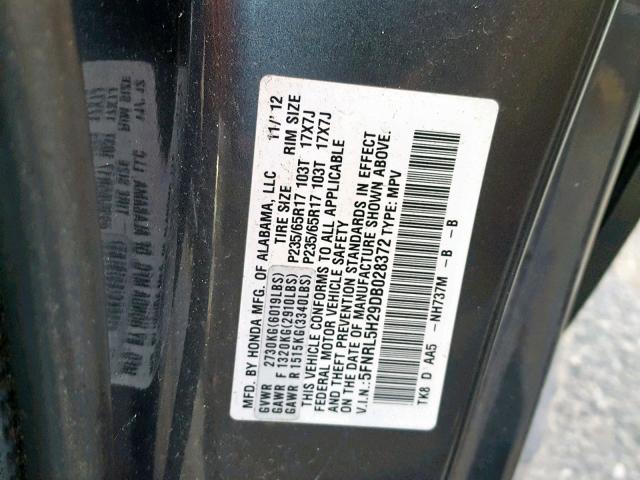 5FNRL5H29DB028372 - 2013 HONDA ODYSSEY LX GRAY photo 10