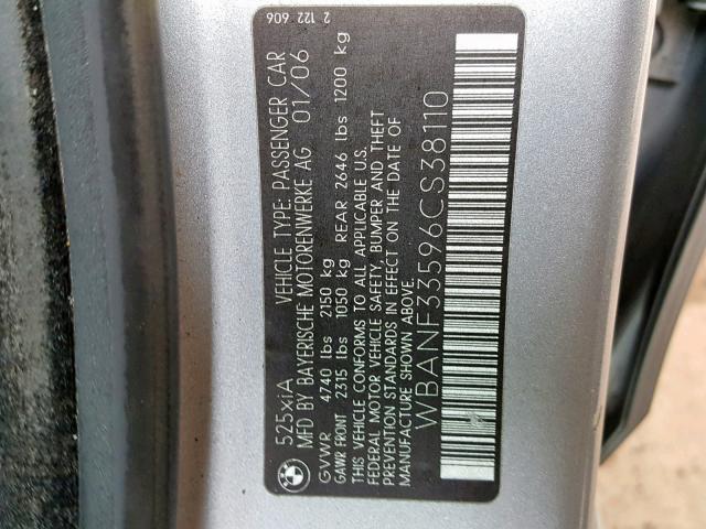 WBANF33596CS38110 - 2006 BMW 525 XI GRAY photo 10