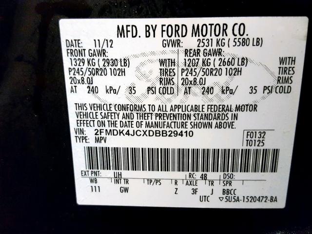 2FMDK4JCXDBB29410 - 2013 FORD EDGE SEL BLACK photo 10