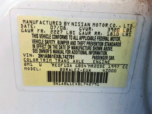 3N1AB61EX8L742791 - 2008 NISSAN SENTRA 2.0 WHITE photo 10