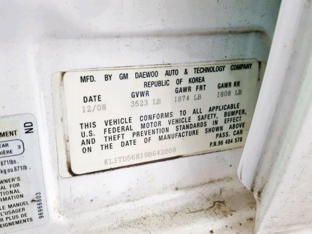 KL1TD56E19B642009 - 2009 CHEVROLET AVEO LS WHITE photo 10
