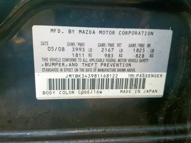 JM1BK343981168122 - 2008 MAZDA 3 HATCHBAC BLACK photo 10