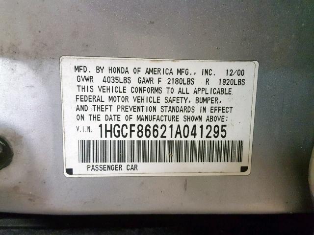 1HGCF86621A041295 - 2001 HONDA ACCORD VAL SILVER photo 10