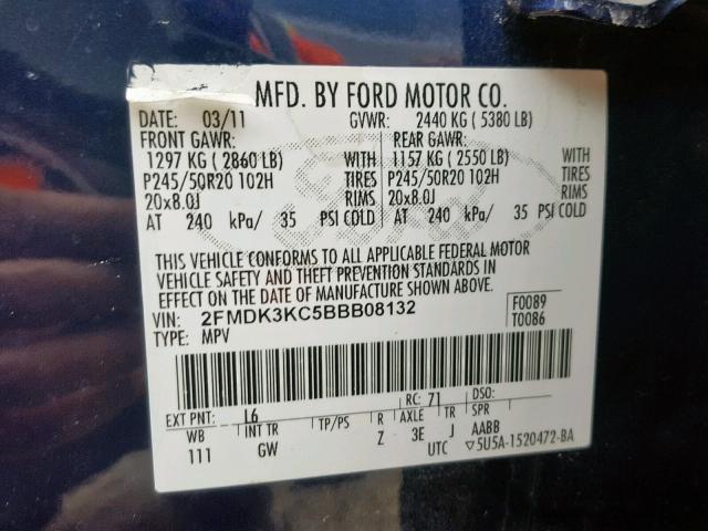 2FMDK3KC5BBB08132 - 2011 FORD EDGE LIMIT BLUE photo 10