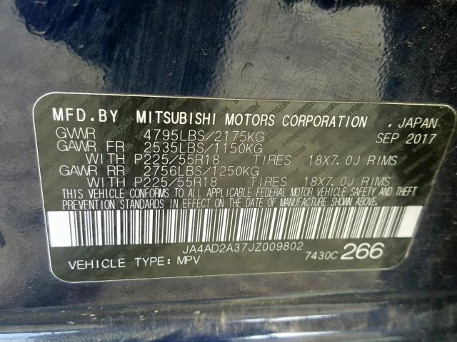 JA4AD2A37JZ009802 - 2018 MITSUBISHI OUTLANDER BLUE photo 10