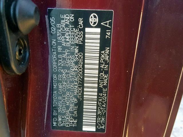 JTKDE177250042620 - 2005 TOYOTA SCION TC იასამნისფერი ფოტო 10