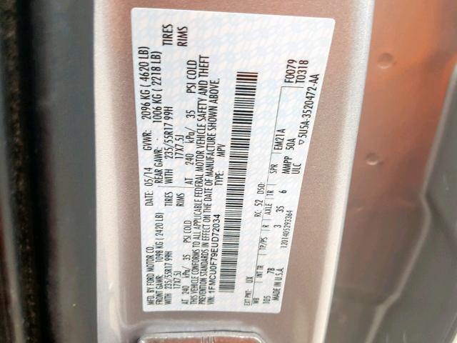 1FMCU0F79EUD72034 - 2014 FORD ESCAPE S SILVER photo 10