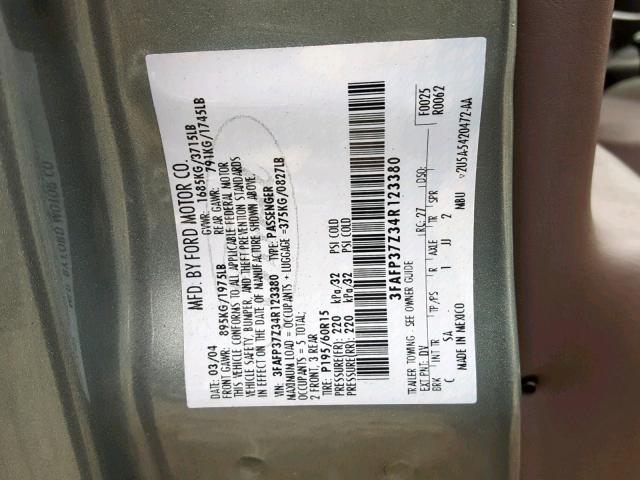 3FAFP37Z34R123380 - 2004 FORD FOCUS ZX5 GREEN photo 10