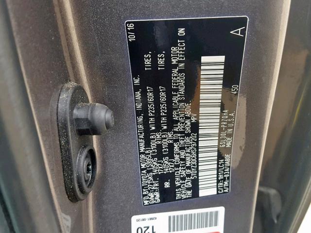 5TDYZ3DC6HS797202 - 2017 TOYOTA SIENNA XLE GRAY photo 10