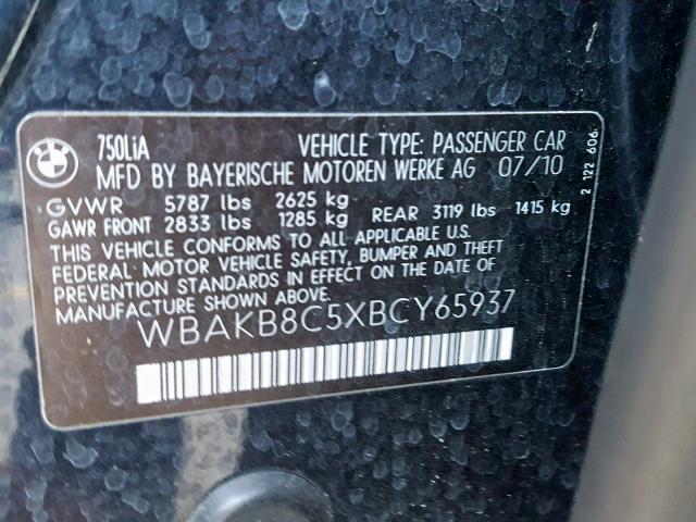 WBAKB8C5XBCY65937 - 2011 BMW 750LI BLACK photo 10