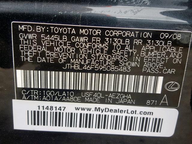 JTHBL46F595085483 - 2009 LEXUS LS 460 GRAY photo 10