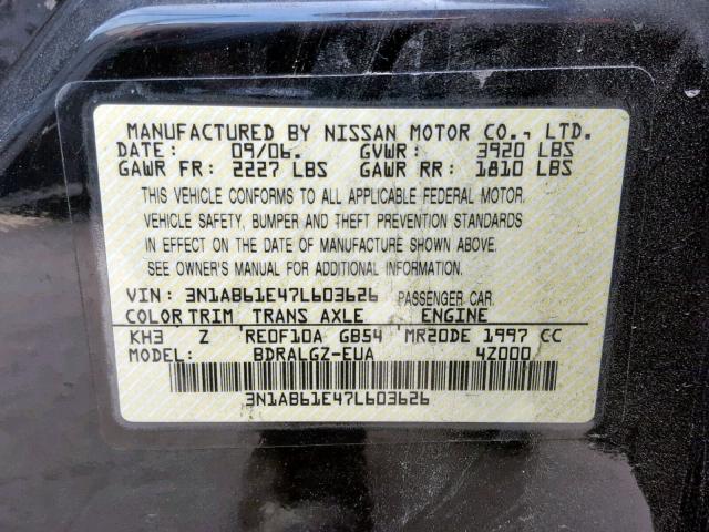 3N1AB61E47L603626 - 2007 NISSAN SENTRA 2.0 BLACK photo 10