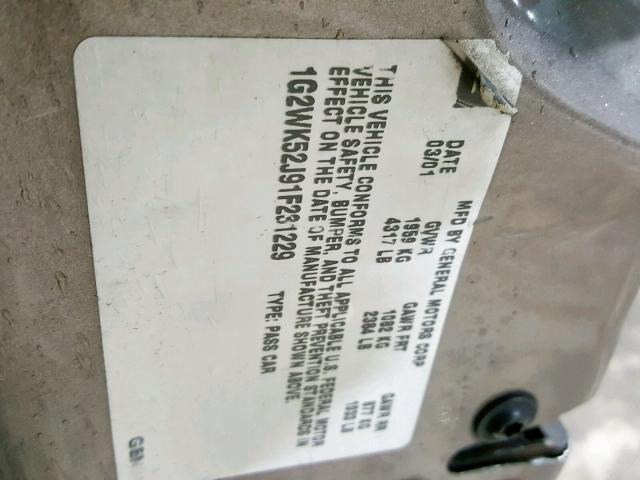 1G2WK52J91F231229 - 2001 PONTIAC GRAND PRIX BROWN photo 10