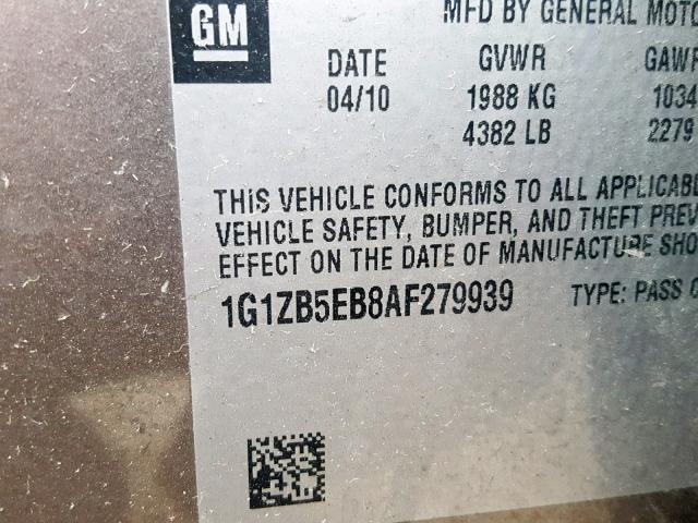 1G1ZB5EB8AF279939 - 2010 CHEVROLET MALIBU LS GRAY photo 10