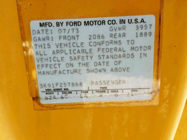 3K91F257868 - 1973 FORD MAVERICK YELLOW photo 10