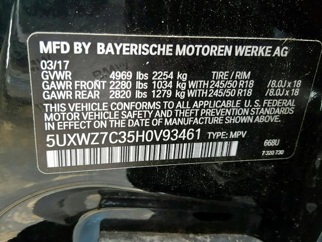 5UXWZ7C35H0V93461 - 2017 BMW X3 SDRIVE2 BLACK photo 10