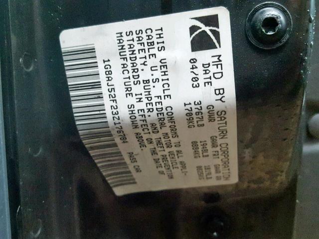 1G8AJ52F23Z176784 - 2003 SATURN ION LEVEL BLUE photo 10