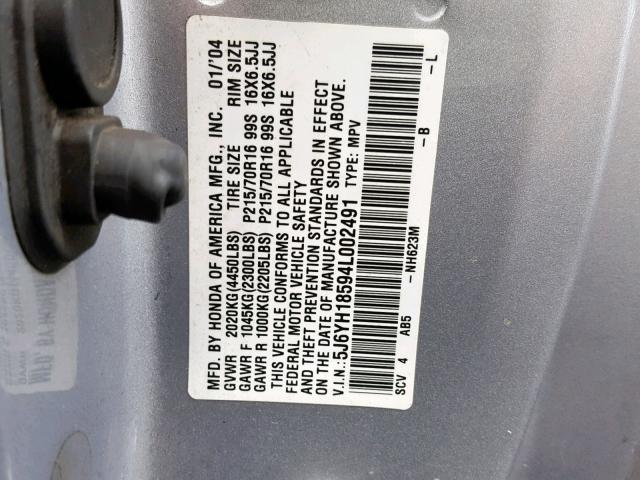 5J6YH18594L002491 - 2004 HONDA ELEMENT EX SILVER photo 10