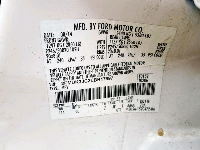 2FMDK3JC2EBB17697 - 2014 FORD EDGE SEL WHITE photo 10