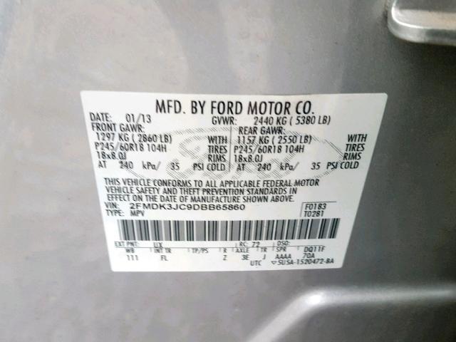 2FMDK3JC9DBB65860 - 2013 FORD EDGE SEL SILVER photo 10