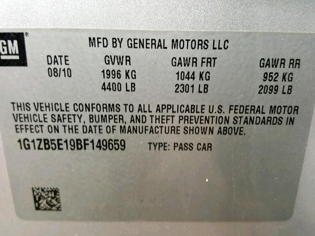 1G1ZB5E19BF149659 - 2011 CHEVROLET MALIBU LS ვერცხლისფერი ფოტო 10