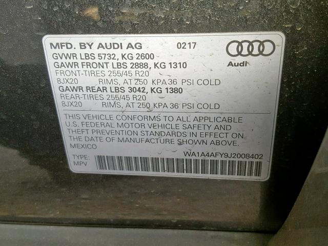 WA1A4AFY9J2008402 - 2018 AUDI SQ5 PREMIU GRAY photo 10