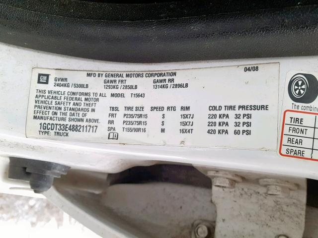 1GCDT33E488211717 - 2008 CHEVROLET COLORADO L WHITE photo 10