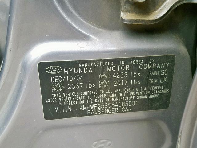 KMHWF25S55A185531 - 2005 HYUNDAI SONATA GL GRAY photo 10