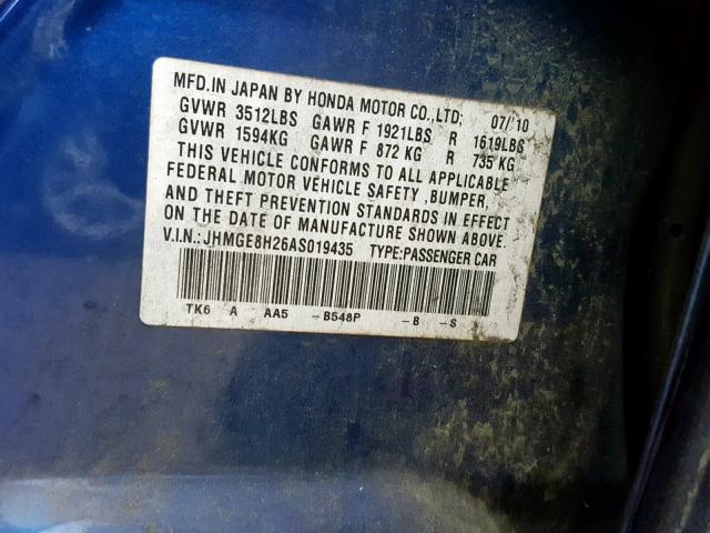 JHMGE8H26AS019435 - 2010 HONDA FIT BLUE photo 10