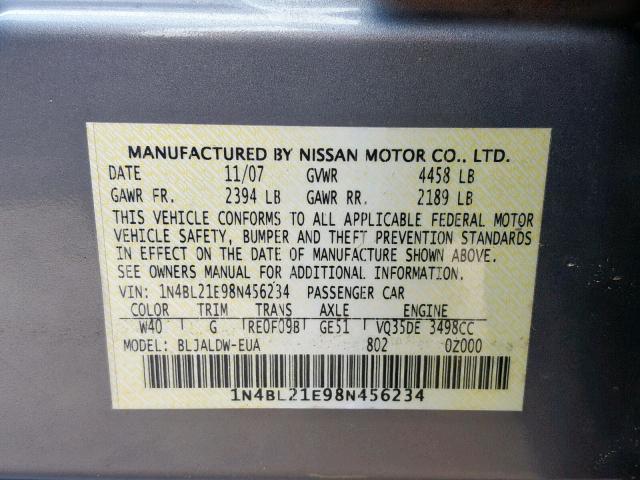 1N4BL21E98N456234 - 2008 NISSAN ALTIMA 3.5 GRAY photo 10