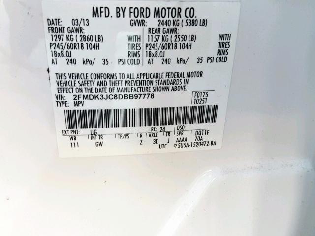 2FMDK3JC8DBB97778 - 2013 FORD EDGE SEL WHITE photo 10