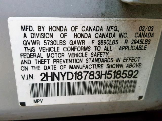 2HNYD18783H518592 - 2003 ACURA MDX TOURIN SILVER photo 10