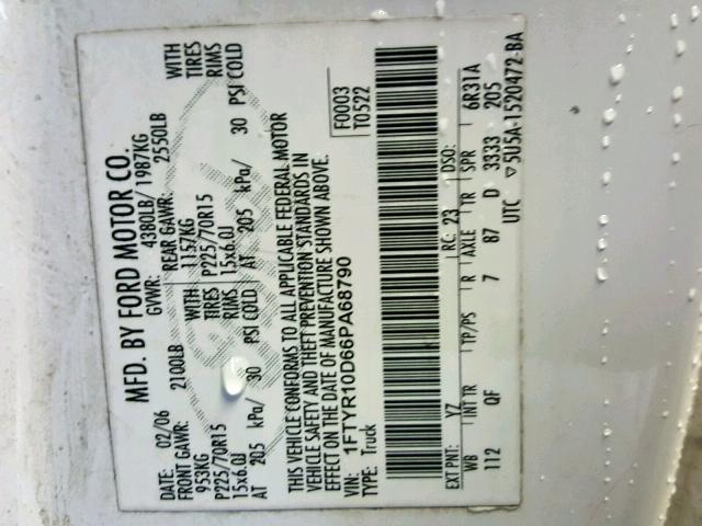 1FTYR10D66PA68790 - 2006 FORD RANGER WHITE photo 10